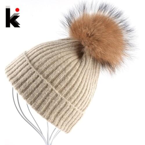 Women Beanies Raccoon Fur Pom Poms Wool Hat Beanie Knitted Skullies Fashion Caps Ladies Knit Cap Winter Hats For Women Bonnet