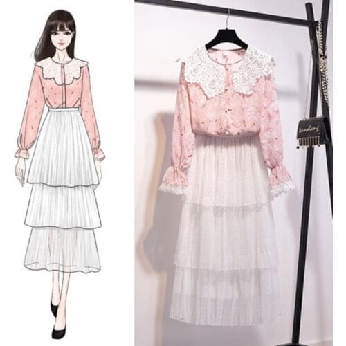 New 2020 Spring Autumn Women Sweet 2 Piece Girls Lace Chiffon Print Blouse Tops Long Sleeve Shirt And Cake Skirt Sets Outfits