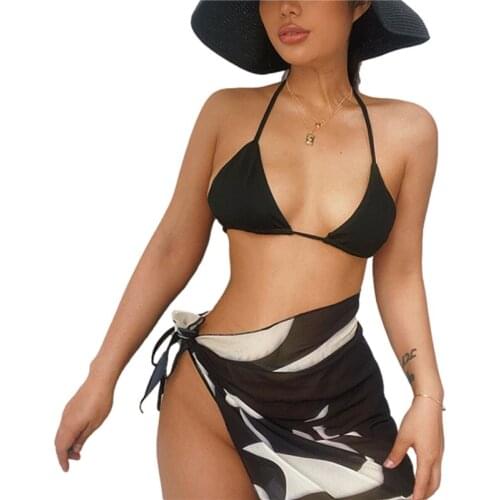 2021 Women Swimwear 3Pcs Sets Solid Color Bikini Tops Shorts and Printed Pattern Tie-up Skirt Swimming Suit Biquinis