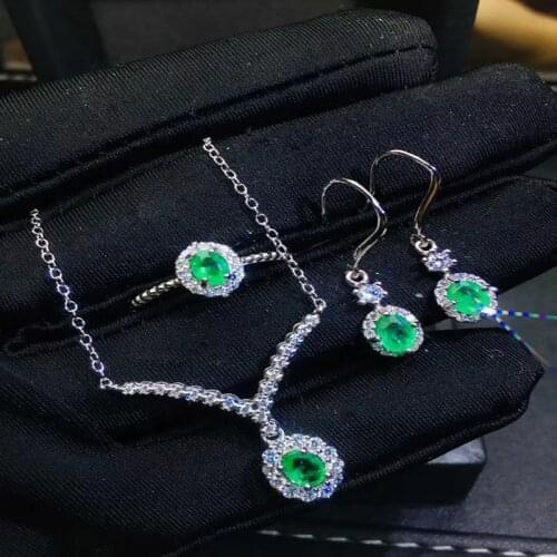 Natural Emerald Jewelry Sets Pendant Ring and Earrings Engagement For Women S925 Silver Fine Jewelry Real Emerald Gemstones