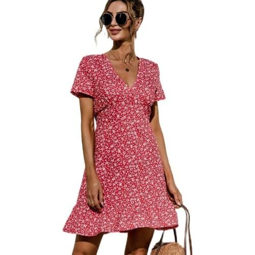 New 2021 Summer Women Dress Sexy V-neck Floral Print Boho Beach Ruffles Design Short Sleeve A-Line Party Mini Sundress Vestidos