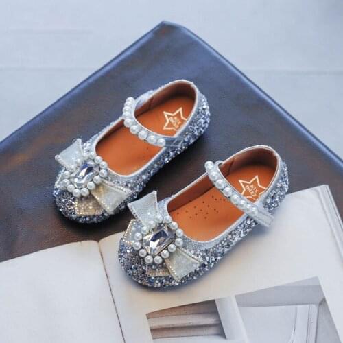 1 2-10 Years Fashion Rhinestone Bow Toddler Girl Elegant Dress Party Dance Bead Leather Shoes For Children Spring Kids Flat Shoe