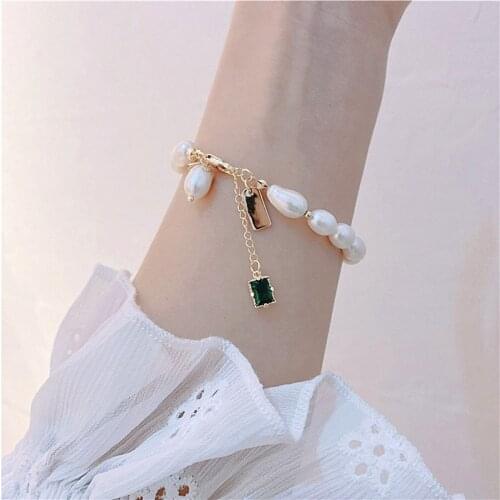 100% Natural Fresh Water White Oval Pearl Beads Bracelets For Women Girl Green Square Pendant Charm Bracelet Jewelry Brazalete