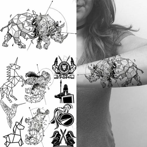 3D Realistic Geometric Rhino Temporary Tattoos For Women Men Spartan Unicorn Bird Black Animal Fake Tattoo Arm Waterproof Tatoos