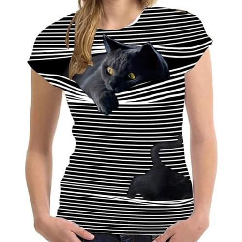 40# Harajuku Vintage T-shirts Womens Fashion 3d Cat Print Casual Striped T-shirt Summer Short Sleeve O-neck Top Женская Одежда