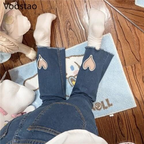 Japanese Sweet Sweatpants Jeans Women Cute Love Heart Shaped Hollow Out Lolita Straight Denim Pants Girly Kawaii Loose Trousers