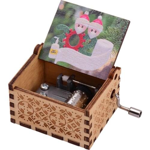 Mini Wooden Hand Crank Music Box with Vintage Engraved Patterns Christmas Festival Musical Gifts Decor Crafts(Merry Christmas)