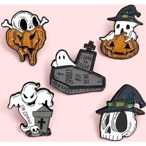 Halloween Enamel Pin Skeleton Skull Pumpkin Ghost Grave Coffin Brooch Bag Lapel Pin Gothic Badge Boo Jewelry Gift for Friends