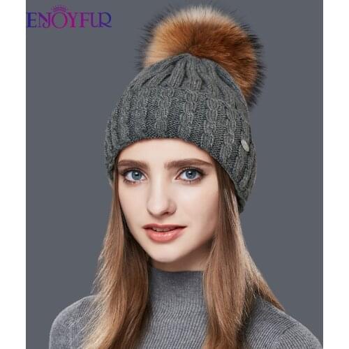 ENJOYFUR Natural Raccoon Fur Pom Poms Hat Female Warm Wool Womens Cap Twist-type Knitted Girl Winter Hats skullies Beanies