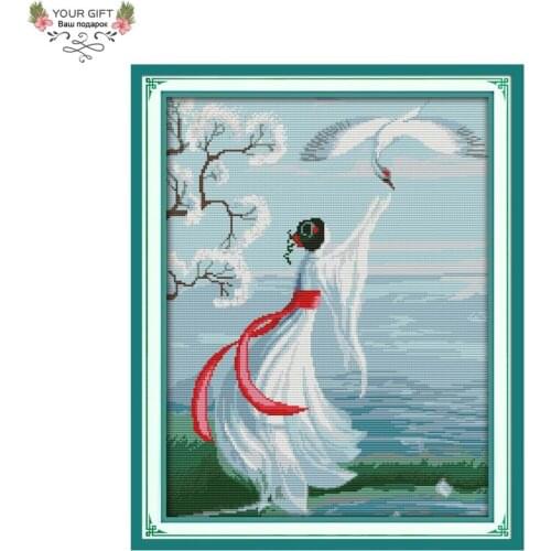Joy Sunday Free Shipping Counted and StampedWhite Crane Female Celestial Embroidery Cross Stitch kits for Home Decor R360