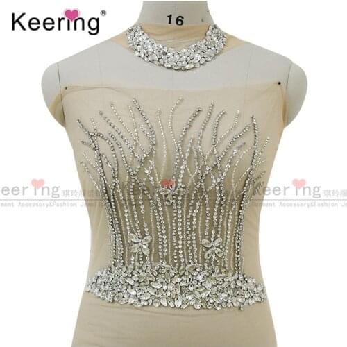 Keering New Arrival New arrival Leaf-shape Beaded Rhinestone Wedding Applique silver rhinestone patches with necklace WDP-153