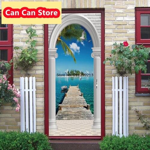 3D Blue Sky Bridge Holiday Adhesive Wallpaper for Doors Seascape Door Sticker Household Items Home Design Decoration Modern Art
