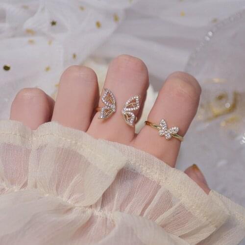 Korean Fashion Hollow Butterfly Ring for Women Girls Adjustable Opening Rings Shining Crystal Finger Rings Wedding Jewelry Gift