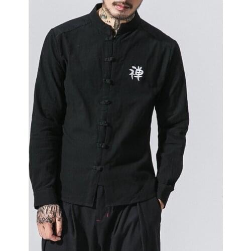 Linen Kung Fu Shirts Men Clothing Chinese Style Long Sleeve Retro Shirt Solid Tang Suit Stand Collar Loose Plus Size Tops 30588