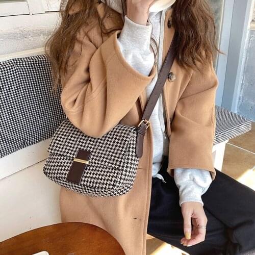 Fashion Wool Plaid Wide Chain Celebrity Inspired Bag Rhombus Square Sling Bag Houndstooth Woolen Shoulder Bag Female Crossbody