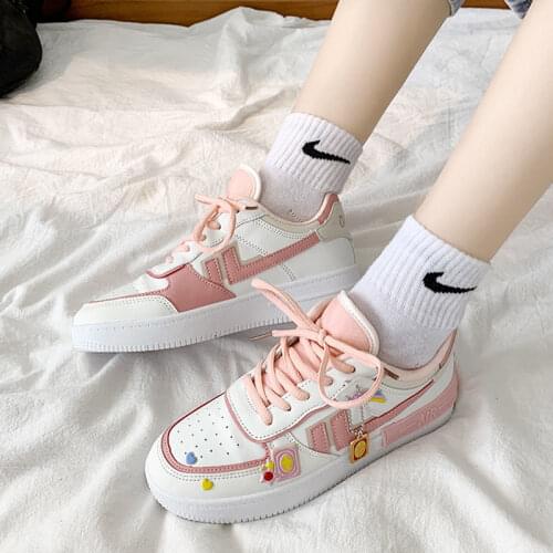 2021 New Autumn Lace-up Female Vulcanized Shoes Womens Sneakers Pink Thick-soled White Shoes Flat Women Shoes