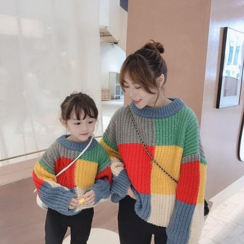 Autumn Matching Mother Daughter Clothes Patchwork Colorful Mommy and Me Knitted Sweater Casual Warm Sweater Tops for Family
