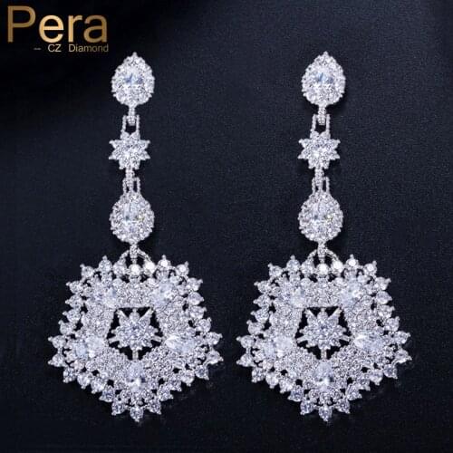 Pera Luxury Famous Design Women Wedding Party Jewelry Accessories Big Flower Cubic Zircon Stone Paved Long Drop Earrings E213