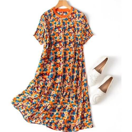 Womens 100% Natural Mulberry Silk Crew neck short sleeve above knee Dress Flowers Printed M L XL M146