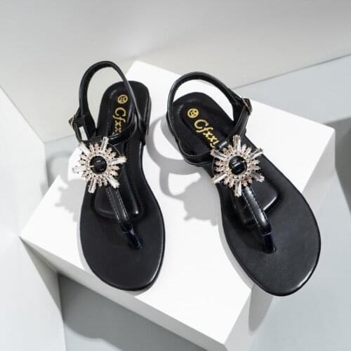 Women Flat Slippers Diamond Sunflower Clip Toes Beach Summer Shoes Female Buckle Strap Sandals Flip Flops Casual Ladies Sandals