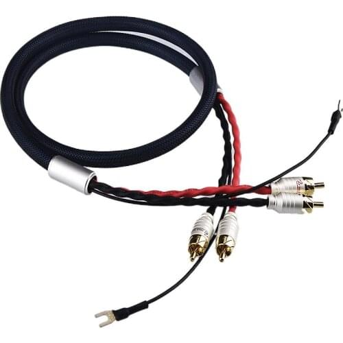 QINCROWN 4 Core OFC Copper Silver Plated 2 RCA to 2 RCA Phono Cable With Ground U Spade Ground Wire Plug