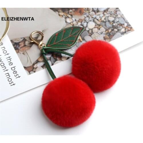 Luxury Real Rabbit Fur Ball Pompom Cherry Fluffy Keychain Accessories Women Bag Purse Charm Chaveiro A Gift Idea