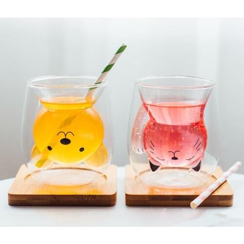 Bear cartoon cat double glass creative juice milk glass household lovely couple breakfast water tea coffee cup with bamboo lid