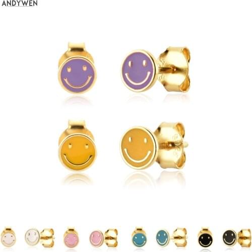 ANDYWEN 925 Sterling Silver Gold Purple Yellow Enamel Happy Face Mood Smile Stud Earring Smiley Piercing Tiny Jewelry Gift
