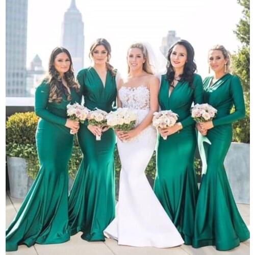 SuperKimJo Robe De Soirée De Mariage Green Bridesmaid Dresses Long Sleeve V Neck Mermaid Wedding Party Dresses 2021 Robes
