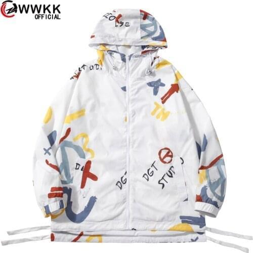 Graffiti Print Jacket Men Hip Hop Windbreakers Hoody Jacket Slim Fit Mens Spring Autumn Summer Streetwear Thin Coat