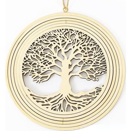 Wood Chip Wall Pendant Art Deco Meditation Pattern Sacred Flower of Life Wooden Creative Rotatable Geometric Ornament