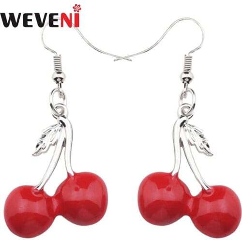 WEVENI Statement Enamel Alloy Cherry Fruits Earrings Dangle Drop Big Long Cute Charms Jewelry For Girls Women Ladies Bijoux Gift