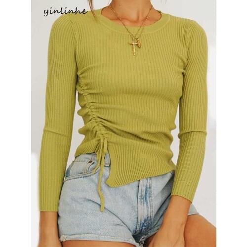 Yinlinhe O neck Drawstring Fashion Autumn Sweater Women Long Sleeve Elastic Slim Knit Pullovers Female Sexy Tops Outfits 1917