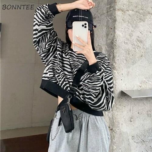 Hoodies Women Zebra Short Tops Vintage Retro Chic Streetwear Cool Drop-shoulder Loose Casual Korean Style Students Trendy New