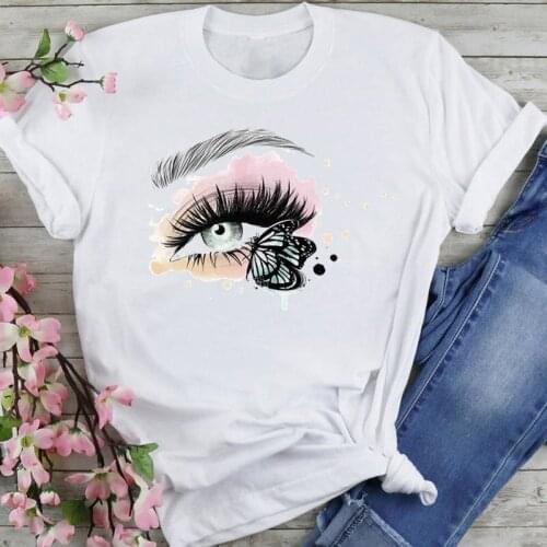 Women Graphic Watercolor Butterfly Eyelash Cartoon Summer Fashion Female Clothes Print Short Sleeve Tops Tees Tshirt T-Shirt