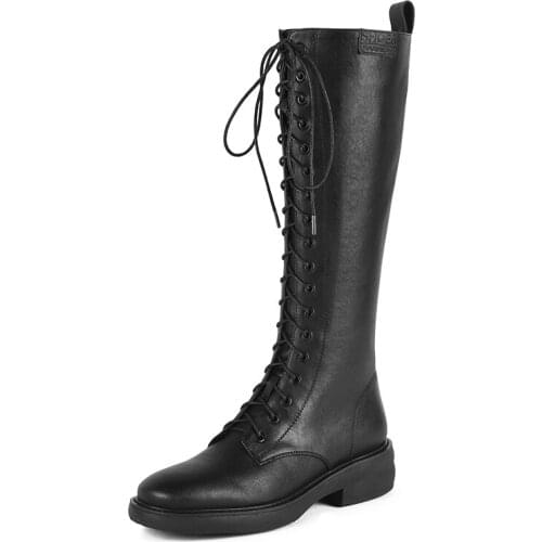 Luxury Motorcycle Boots Genuine Leather Women Knee High Shoes Chunky Heels Platform Lace Up Zipper Casual Concise Riding Shoes