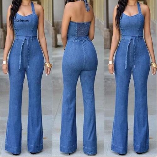 Women Blue Sexy Fitness Denim Jumpsuits Casual Halter Sleevless Playsuits Slim Plus Size Overalls Jeans Rompers Pants with Belt