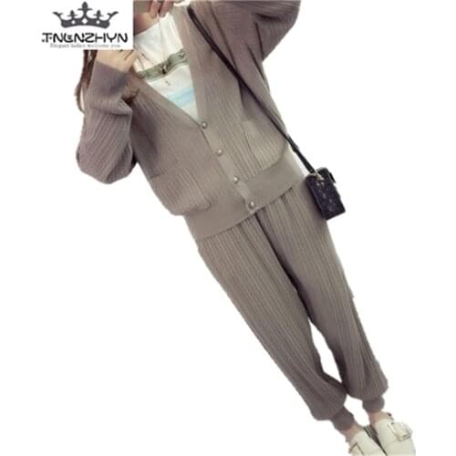 Tnlnzhyn 2019 Spring Autumn Women Sweater Suits 2 Pieces Sets Knitted Cardigans and Harem Pants Set Loose Casual Suits Y367