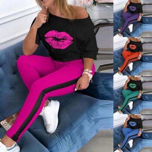 Summer Women Lips Print Two Piece Set Off Shoulder tee- Top Pencil Jogger Sweatpants Suit Sporting Tracksuit Overalls