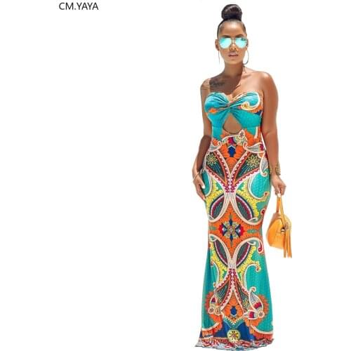 2020 Spring Summer Long Maxi Dress Women Sleeveless Bandage Strapless Beach Print Bodycon Sexy Night Club Party Dresses GL072