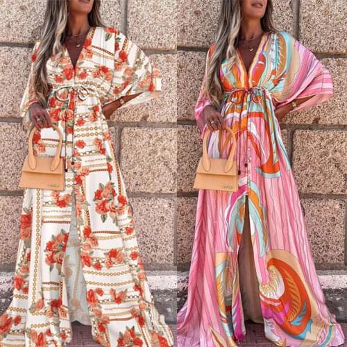 Women Dress Elegant Printing Loose Split Hem Maxi Sexy Deep V Neck Button Elastic Waist Boho New Long Party Dress Beach Vestidos