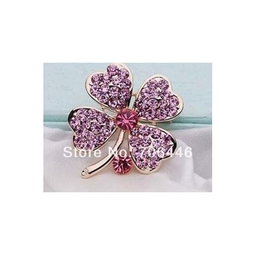 Gold Tone Pink Rhinestone Crystal Small Clover Leaf Flower Pin Brooch