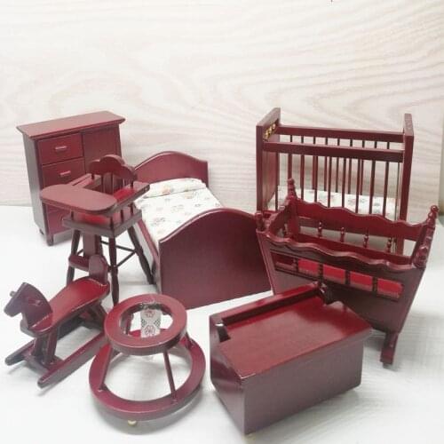 1/12 Dollhouse Miniature Baby Room set Red Wooden Doll House Furniture For Dolls Girls Pretend Play Toys
