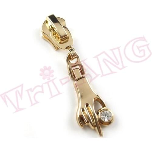 20pcs/lot, 5# Zinc Alloy Zipper Sliders w/ Shiny Rhinestone Inlayed Hand Shape Pulls