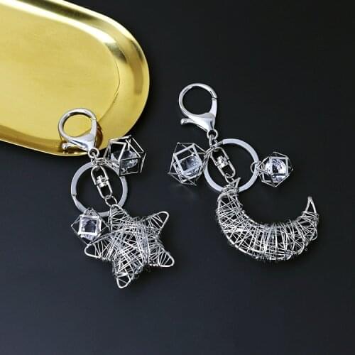 2020 Cute Creative Moon Star Silver Plated Iron Alloy Crystal Rhinestone Keychain For Women Key Chains Ring Car Bag Pendent D391