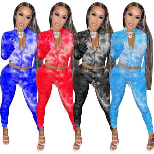444098 Autumn Winter Women Casual Thread Tie-dyed Two Piece Set Jacket with Gloves and Pants Tracksuit Sweatsuit Outfits Hot