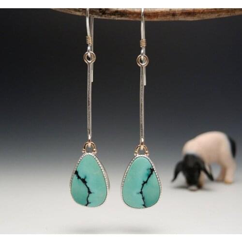 Bohemian Turquoises Water Drop Stone Earrings Long Jewelry for Women Two-color Metal Hanging Dangle Vintage Earrings