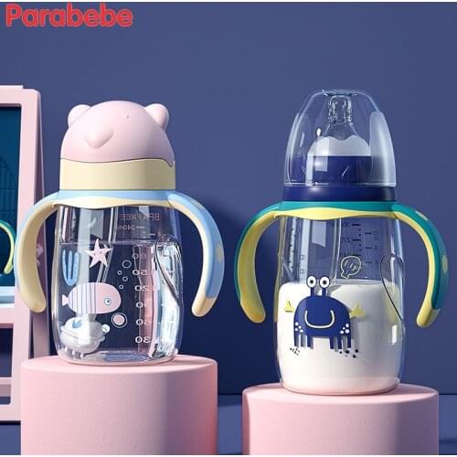 Parabebe BPA Free Baby Bottles Newborn Feeding Wide Neck 180ml 300ml Cute Water Bottle Milk Baby Feeder Children Hands Free