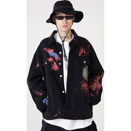 Paint Splash Vintage Wash Black Denim Jacket Streetwear Hip Hop Men Women Unisex Jean Coat Clothing Chaqueta
