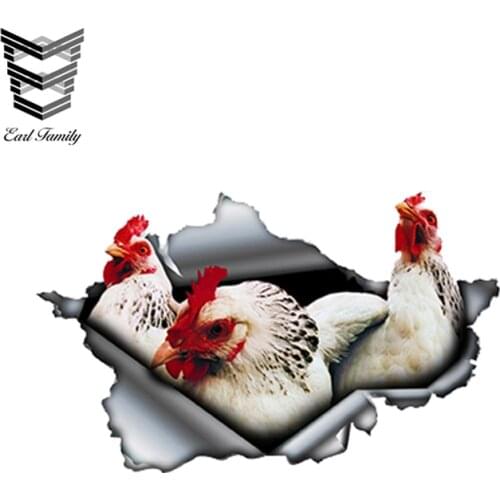 EARLFAMILY 13cm x 7.9cm White Hens Car Sticker Torn Metal Farm Decal Reflective Stickers Waterproof 3D White Chicken Car Styling